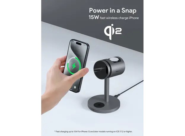უსადენო დამტენი Aukey 3 in-1 15W LC-MC311A MagFusion Pro Qi2 Active Cooling Wireless Charging Station Gray, 4 image