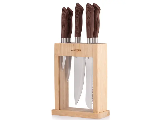 დანების კომპლექტი Ardesto Knives Set with block Midori, 6pcs, stainless steel, plastic, bamboo, brown