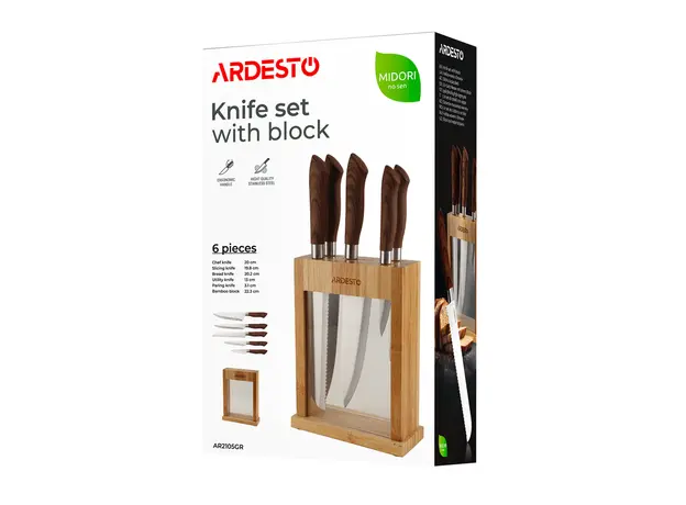 დანების კომპლექტი Ardesto Knives Set with block Midori, 6pcs, stainless steel, plastic, bamboo, brown, 11 image