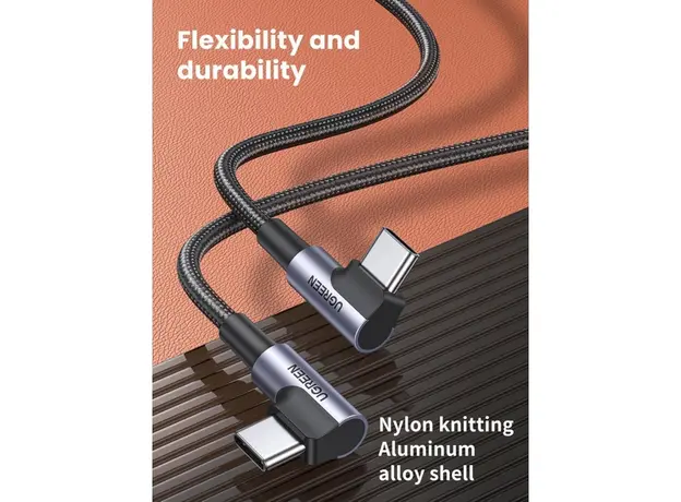 USB კაბელი UGREEN US323 (70531), 60W, Right Angle type-C to type-C Angled, 2m, Black/Grey, 3 image