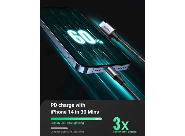 USB კაბელი UGREEN US304 (60760), MFi USB-C to Lightning Cable, 1.5m, Black, 6 image