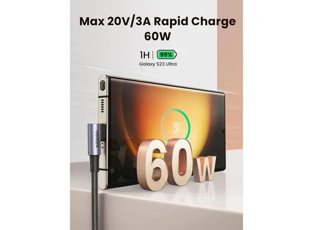 USB კაბელი UGREEN US323 (70531), 60W, Right Angle type-C to type-C Angled, 2m, Black/Grey, 5 image