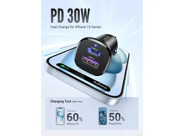 მანქანის დამტენი UGREEN 25845, 30W, USB, Type-C, USB-C, Black, 5 image