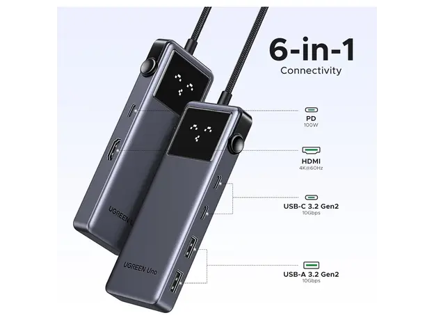 USB-C ჰაბი UGREEN CM888 (35998) Groovy Robot, 6-in-1, HDMI, USB-A, Type-C, HUB, Space Gray, 6 image