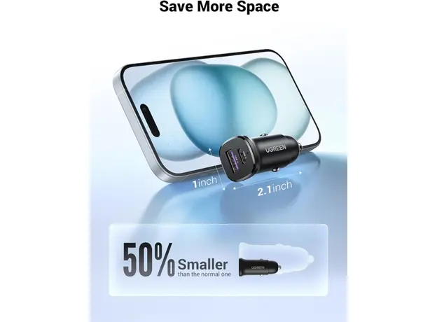 მანქანის დამტენი UGREEN 25845, 30W, USB, Type-C, USB-C, Black, 4 image