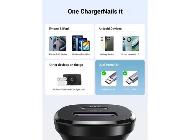 მანქანის დამტენი UGREEN 25845, 30W, USB, Type-C, USB-C, Black, 6 image