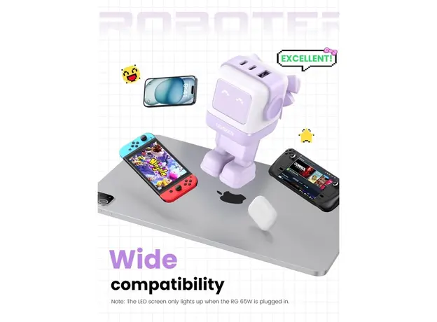 მობილურის დამტენი UGREEN CD361 (35291) Nexode Uno RobotGaN, 65W, USB, USB Type-C, Purple, 4 image
