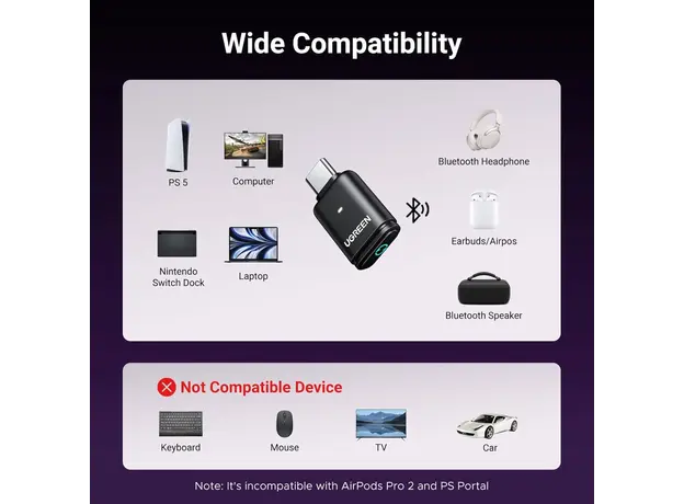 Bluetooth ადაპტერი UGREEN BT501 (45008), Bluetooth Transmitter Audio Adapter fOR PS5, Black, 6 image