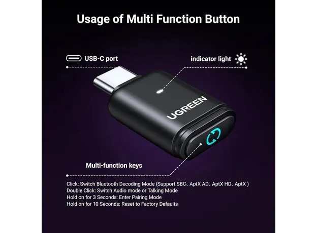 Bluetooth ადაპტერი UGREEN BT501 (45008), Bluetooth Transmitter Audio Adapter fOR PS5, Black, 4 image