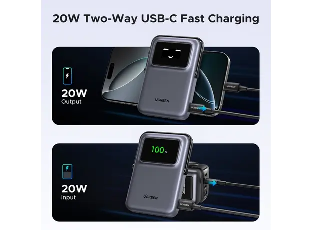 პორტატული დამტენი UGREEN PB572 (45327) Uno, 10000mAh, Magnetic Wireless Power Bank, Grey, 12 image