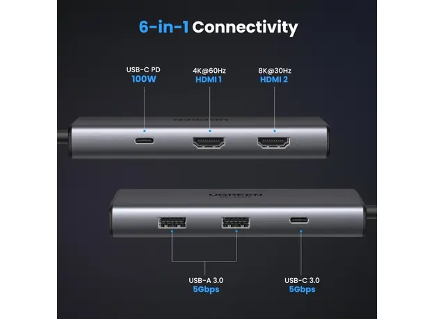 USB-C ჰაბი UGREEN CM498 (15852) Revodok 206, 2 x HDMI, USB, Type-C, HUB, Grey, 6 image