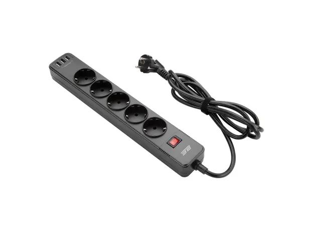 დენის გამანაწილებელი 2Е 2E-SP515M2USBBK, 5 Socket, 3xUSB-A, 2m, Power Strip With Surge Protector, Black