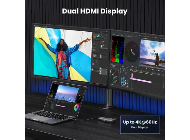 USB-C ჰაბი UGREEN CM498 (15852) Revodok 206, 2 x HDMI, USB, Type-C, HUB, Grey, 7 image