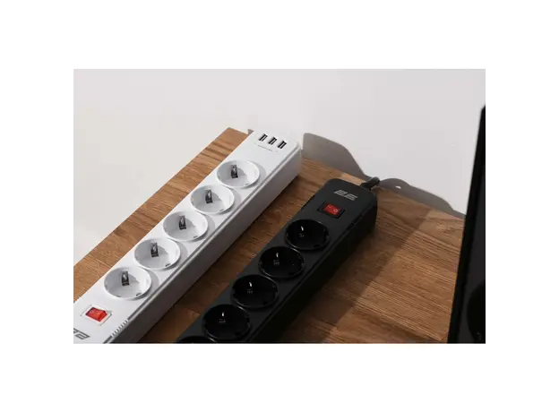 დენის გამანაწილებელი 2Е 2E-SP515M2USBBK, 5 Socket, 3xUSB-A, 2m, Power Strip With Surge Protector, Black, 6 image
