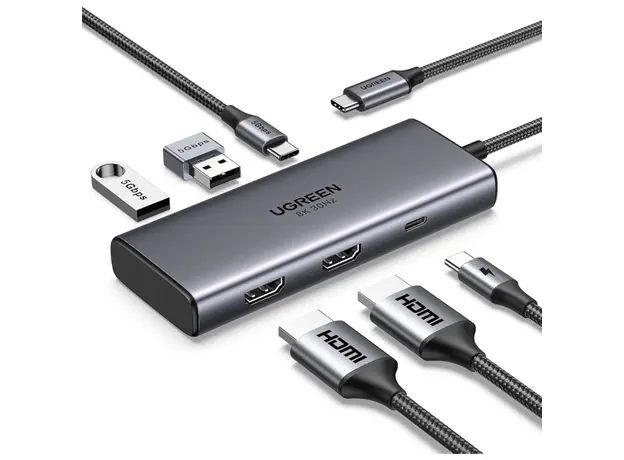 USB-C ჰაბი UGREEN CM498 (15852) Revodok 206, 2 x HDMI, USB, Type-C, HUB, Grey