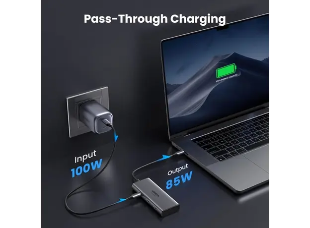 USB-C ჰაბი UGREEN CM498 (15852) Revodok 206, 2 x HDMI, USB, Type-C, HUB, Grey, 10 image