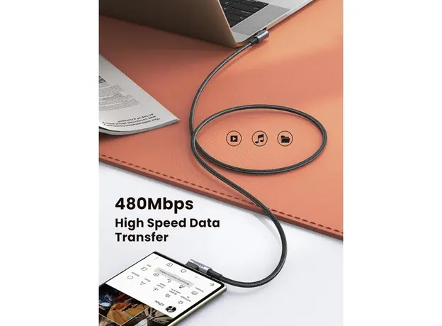USB კაბელი UGREEN US323 (70529), 60W, Right Angle type-C to type-C Angled, 1m, Black/Grey, 6 image