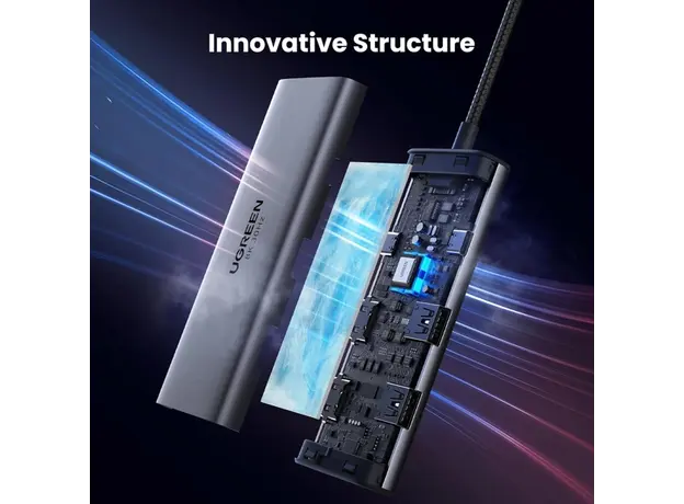 USB-C ჰაბი UGREEN CM498 (15852) Revodok 206, 2 x HDMI, USB, Type-C, HUB, Grey, 4 image