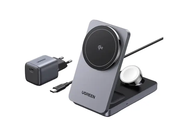 უსადენო დამტენი UGREEN W707 (45025) Qi2 MagFlow, 15W, Wireless Charging Station With 30W USB-C Charger, Space gray