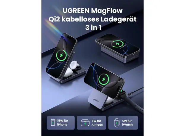 უსადენო დამტენი UGREEN W707 (45025) Qi2 MagFlow, 15W, Wireless Charging Station With 30W USB-C Charger, Space gray, 6 image