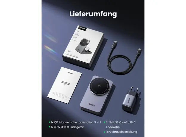 უსადენო დამტენი UGREEN W707 (45025) Qi2 MagFlow, 15W, Wireless Charging Station With 30W USB-C Charger, Space gray, 3 image