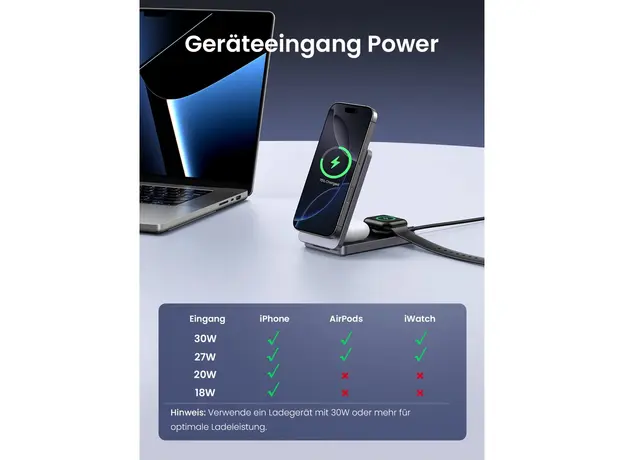 უსადენო დამტენი UGREEN W707 (45025) Qi2 MagFlow, 15W, Wireless Charging Station With 30W USB-C Charger, Space gray, 9 image