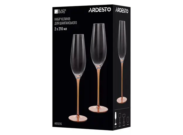ჭიქების ნაკრები Ardesto AR2621G Black Mars Amber, 210ml, 2pcs, Champagne Glasses Set, Transparent/Golden, 3 image