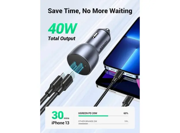 მანქანის დამტენი UGREEN CD213 (70594), 36W, Type-C, Fast Car Charger, Silver, 5 image