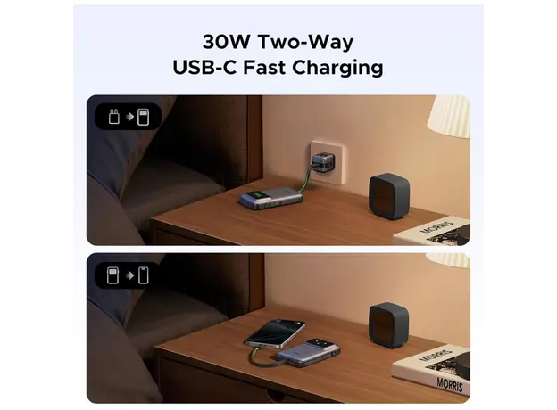 Portable Charger UGREEN PB511 (35603B) Uno, 10000mAh, USB, Type-C, Power Bank With Built In Cable, Grey, 8 image