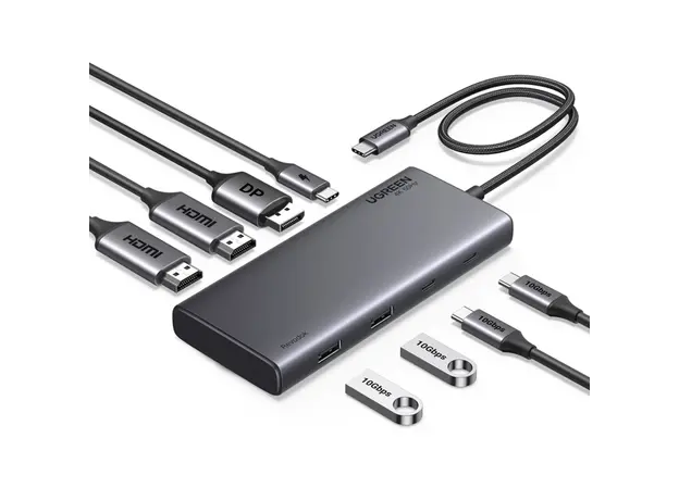 USB-C ჰაბი UGREEN CM639 (35625) Revodok 308, HDMI, DP, Type-C, USB-A, PD, 8 in 1 USB C Docking Station, Grey, 2 image
