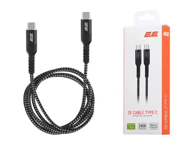 USB კაბელი 2E Сable USB-C > USB-C charge/data, 1m, 240W Type-C, Aluminum Shell, black