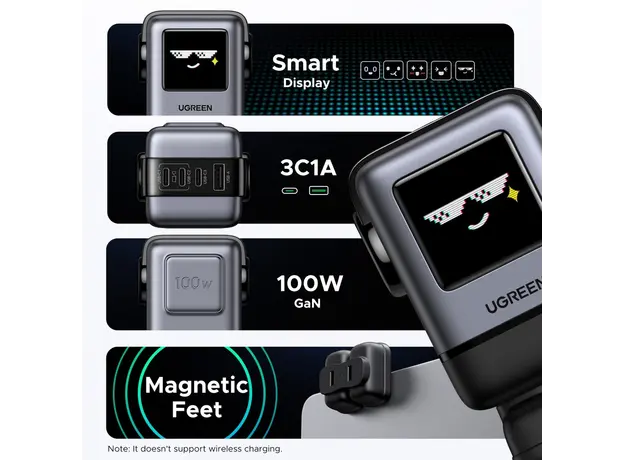 მობილურის დამტენი UGREEN X688 (45515B) Nexode Uno RobotGaN, 100W, USB, Type-C, Phone Charger, Grey, 6 image