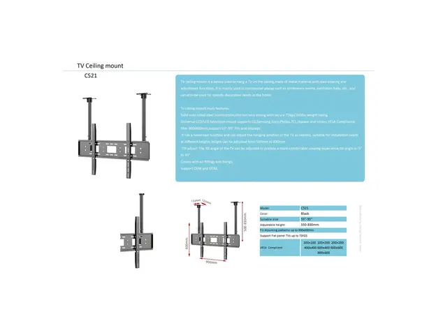 ტელევიზორის საკიდი ჭერზე Allscreen C521, 55"-95", TV Ceiling Mount, Black, 5 image