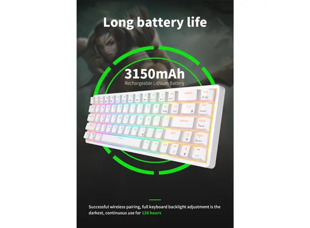 კლავიატურა Royal Kludge RK G68 RGB Mechanical Keyboard, Red switch, Hot Swappable, Wireless, USB Type-C, 2.4 GHz, Bluetooth, White, 5 image