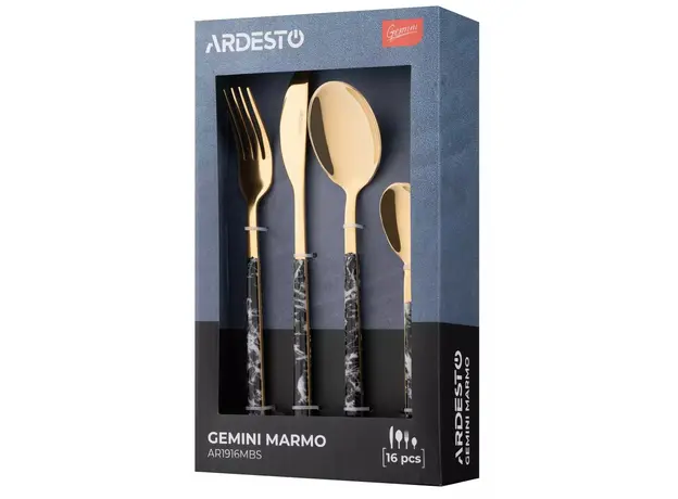 დანა ჩანგლის ნაკრები Ardesto AR1916MBS Gemini Marmo, 16pcs, Cutlery Set, Golden/Black, 6 image