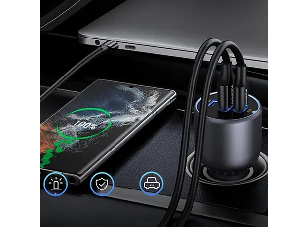 მანქანის დამტენი UGREEN EC705 (35025), 130W, Type-C, USB-A, 3-Port Fast Car Charger, Grey, 5 image