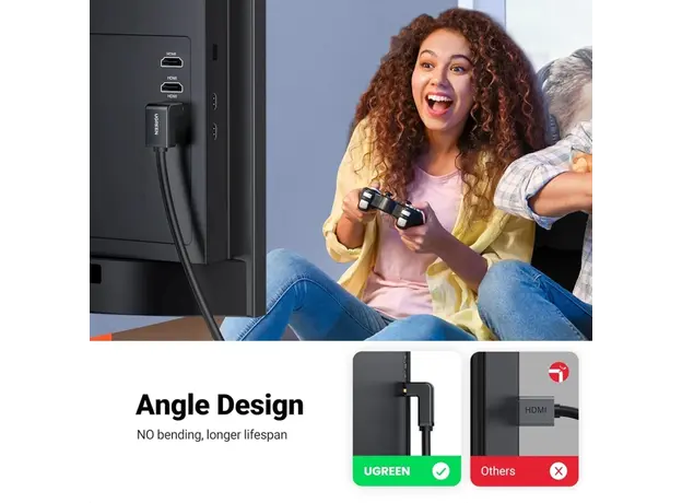 HDMI კაბელი UGREEN HD103 (10173), 4K HDMI Cable Male to Male, 90 Degree, 2m, Black