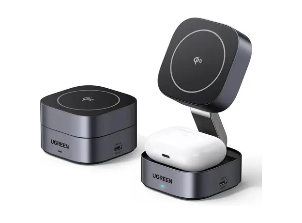 უსადენო დამტენი UGREEEN W702 (35316) MagFlow Qi2, 25W, Magnetic Foldable Charging Station, Dark Gray