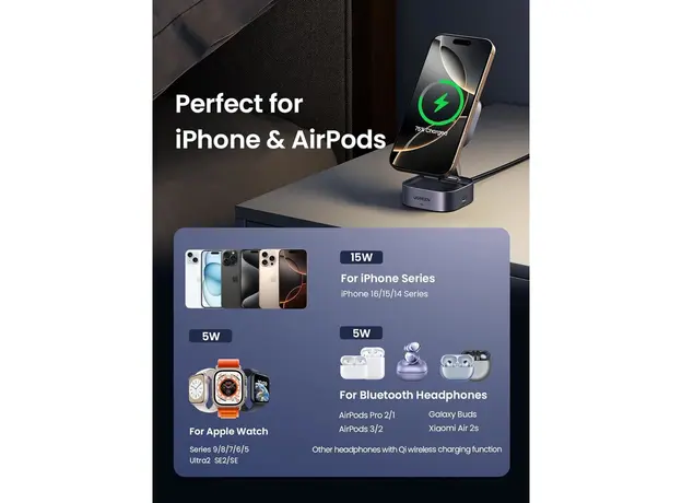 უსადენო დამტენი UGREEEN W702 (35316) MagFlow Qi2, 25W, Magnetic Foldable Charging Station, Dark Gray, 8 image
