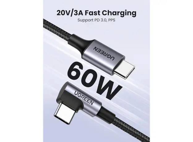 USB კაბელი UGREEN US255 (50123), 60W, Type-C to Angled Type-C Round, 1m, Grey, 6 image