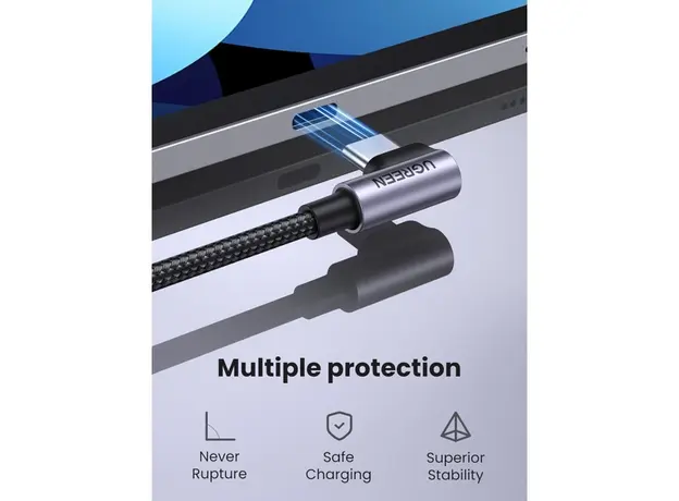 USB კაბელი UGREEN US255 (50123), 60W, Type-C to Angled Type-C Round, 1m, Grey, 3 image