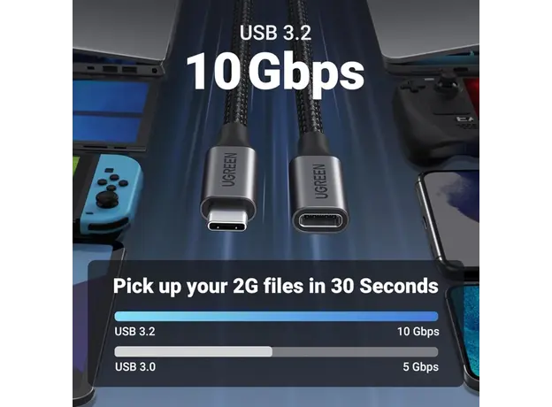 USB ადაპტერი UGREEN US372 (45191), 100W, Type-C Extension Cable, 1m, Black, 4 image