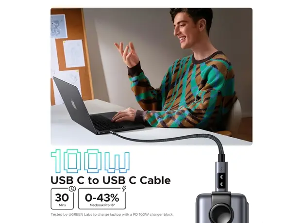 USB კაბელი UGREEN Uno L509 (45612), 100W, Type-C to Type-C, 0.5M, Black/Grey, 3 image
