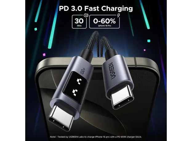 USB კაბელი UGREEN Uno L509 (45612), 100W, Type-C to Type-C, 0.5M, Black/Grey, 5 image