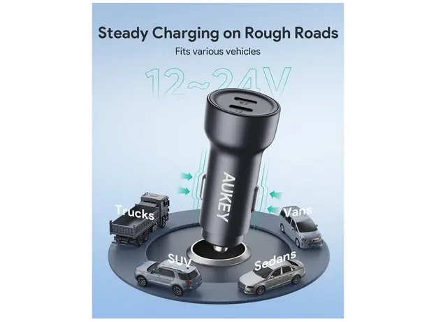ავტომობილის უსადენო დამტენი Aukey 65W CC-Y23 Enduro Type-C Dual 2-Port Car Charger - Gray, 7 image