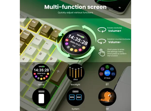 კლავიატურა Royal Kludge RK N99 RGB Mechanical Keyboard, Cream Switch, Hot Swappable, Wireless, USB, Bluetooth, 2.4GHz, Palm Green, 9 image