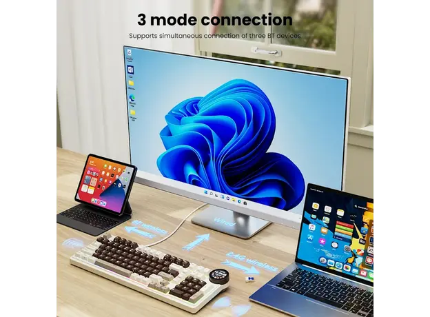 კლავიატურა Royal Kludge RK N99 RGB Mechanical Keyboard, Violet Switch, Hot Swappable, Wireless, USB, Bluetooth, 2.4GHz, Mocha Grey, 7 image