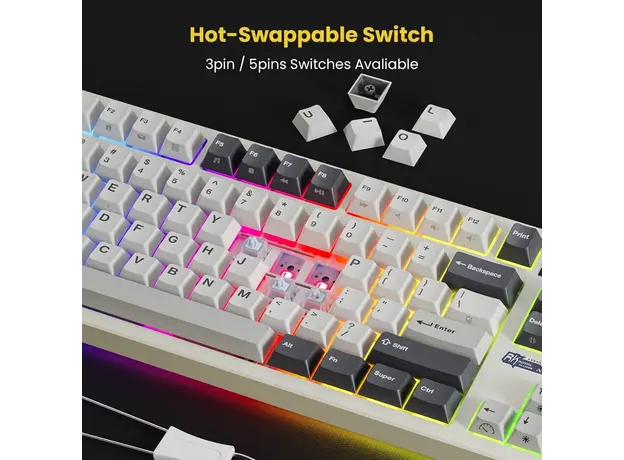 კლავიატურა Royal Kludge RK S85 RGB Mechanical Keyboard, Cloud Switch, Hot Swappable, Wireless, Type-C, Bluetooth, 2.4GHz, White Night, 6 image