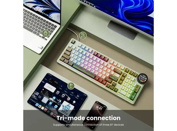 კლავიატურა Royal Kludge RK N99 RGB Mechanical Keyboard, Cream Switch, Hot Swappable, Wireless, USB, Bluetooth, 2.4GHz, Palm Green, 8 image