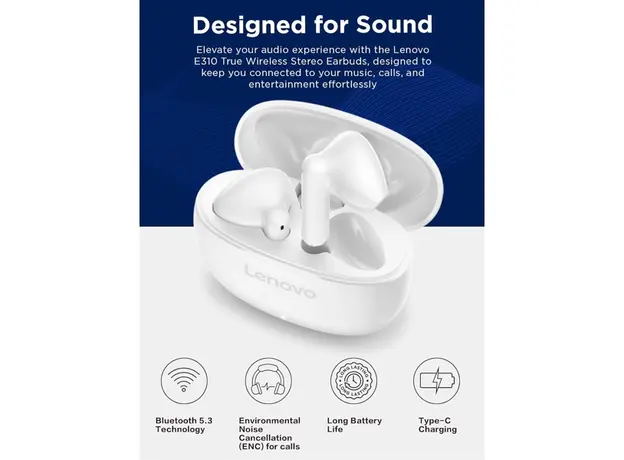 ყურსასმენი Lenovo GXD1Q65145 E310, Earbuds, Wireless, Bluetooth, White, 5 image